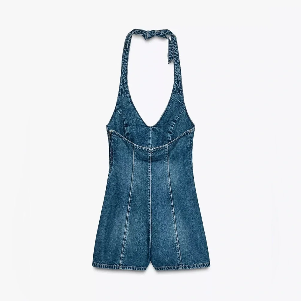 Zara TRF HALTER DENIM JUMPSUIT
